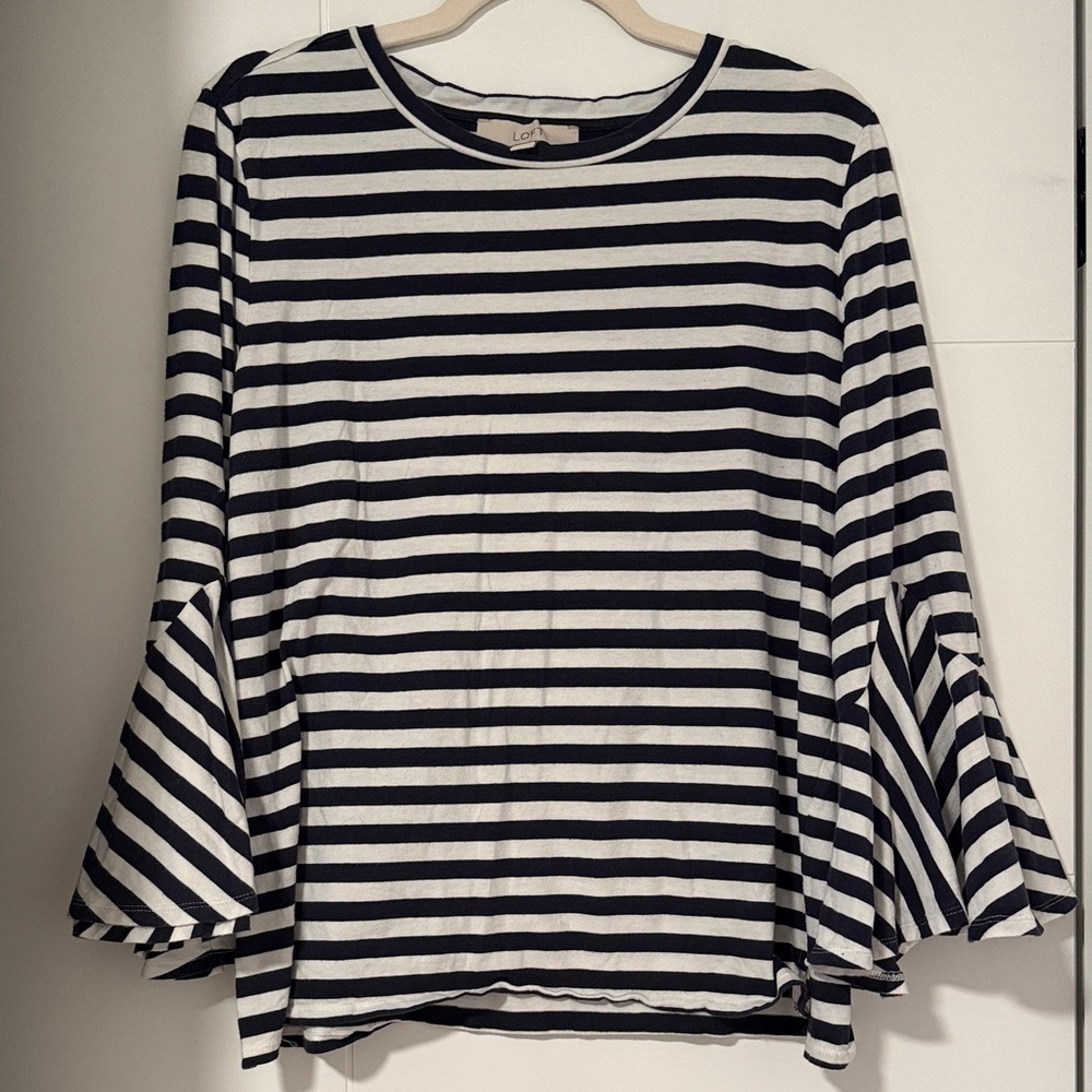 LOFT Navy and White Striped Long Sleeve Top